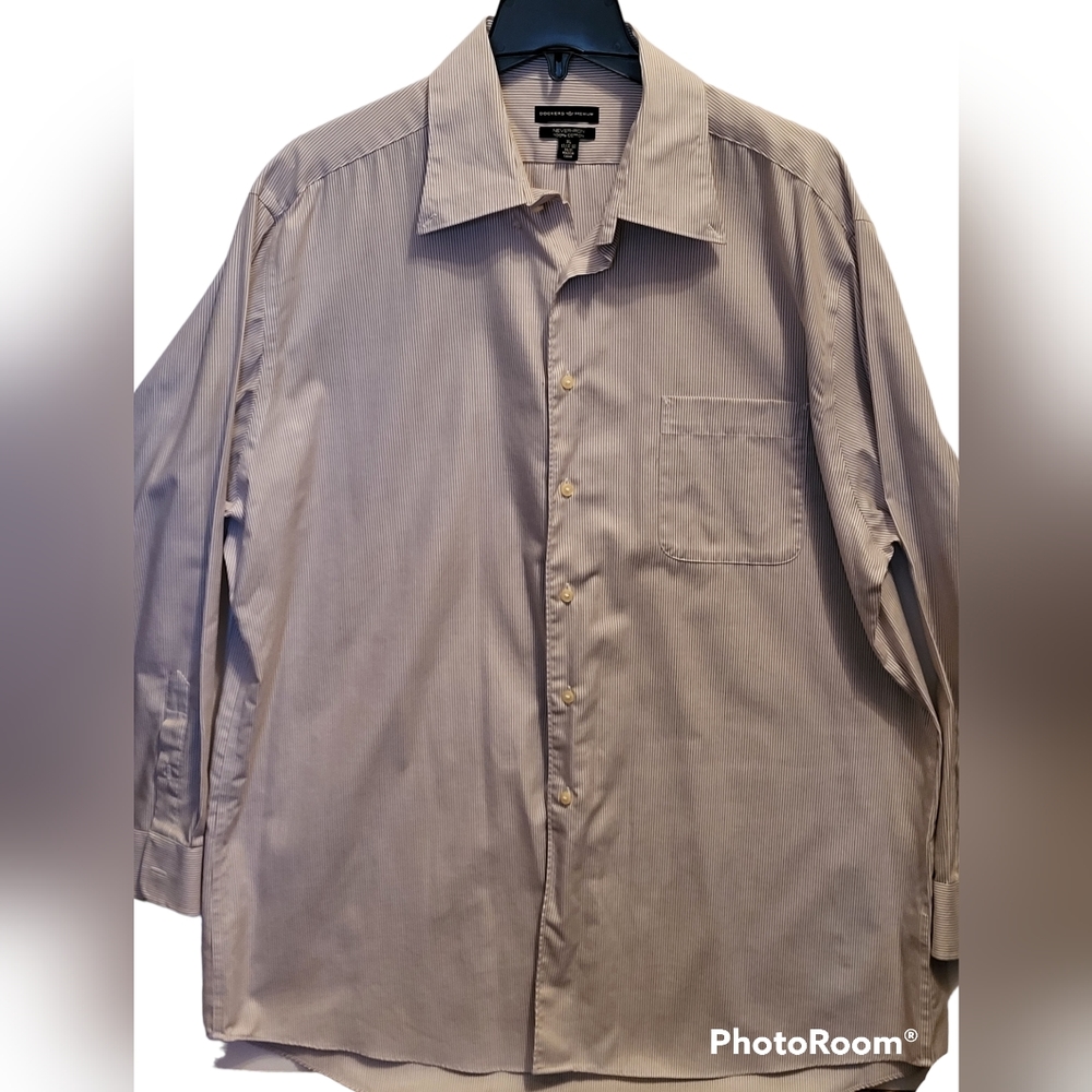 Dockers Premium Men's Size XL (17-17.5) Button Down Dress Shirt Tan White Stripe